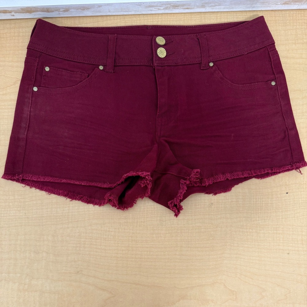 Refuge Burgundy Cut Off Denim Shorts Womens 6 Wine Red Frayed Hem Stretch